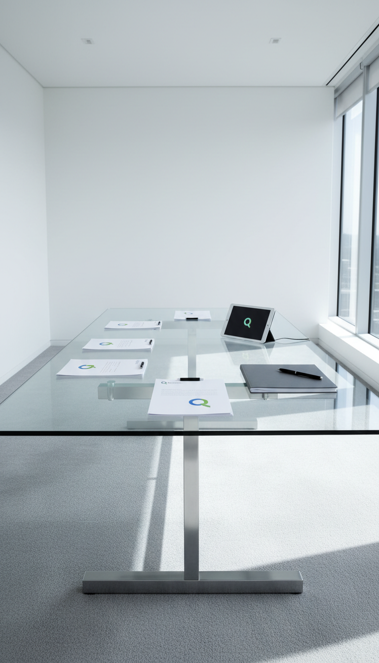 A sleek, glass-topped conference table with a matte silver metal frame, perfectly aligned with a neat arrangement of branded documents, a premium graphite notebook, and an understated black pen. The table is set within a modern office suite with smooth white walls and soft gray carpeting, and there's a subtle QuickBooks logo visible on a digital tablet at the table's edge. Cool daylight pours through large floor-to-ceiling windows, producing soft highlights on the glass and crisp, clean shadows. The mood is organized and professional, conveying trust and transparency. The composition is balanced with the camera at an eye-level, wide lens angle, keeping the entire table in sharp focus. The image embraces photographic realism and a structured, corporate aesthetic—ideal for a business-focused marketing agency website homepage.