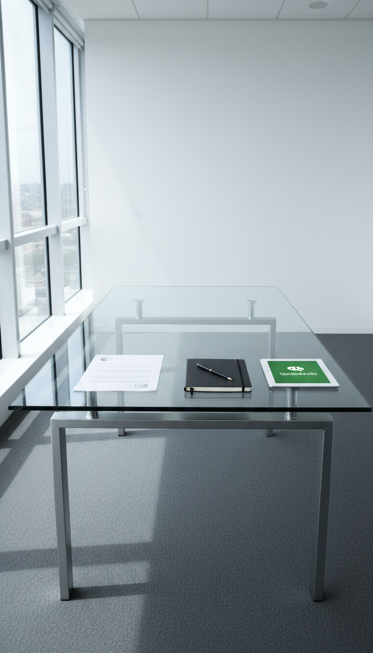 A sleek, glass-topped conference table with a matte silver metal frame, perfectly aligned with a neat arrangement of branded documents, a premium graphite notebook, and an understated black pen. The table is set within a modern office suite with smooth white walls and soft gray carpeting, and there's a subtle QuickBooks logo visible on a digital tablet at the table's edge. Cool daylight pours through large floor-to-ceiling windows, producing soft highlights on the glass and crisp, clean shadows. The mood is organized and professional, conveying trust and transparency. The composition is balanced with the camera at an eye-level, wide lens angle, keeping the entire table in sharp focus. The image embraces photographic realism and a structured, corporate aesthetic—ideal for a business-focused marketing agency website homepage.