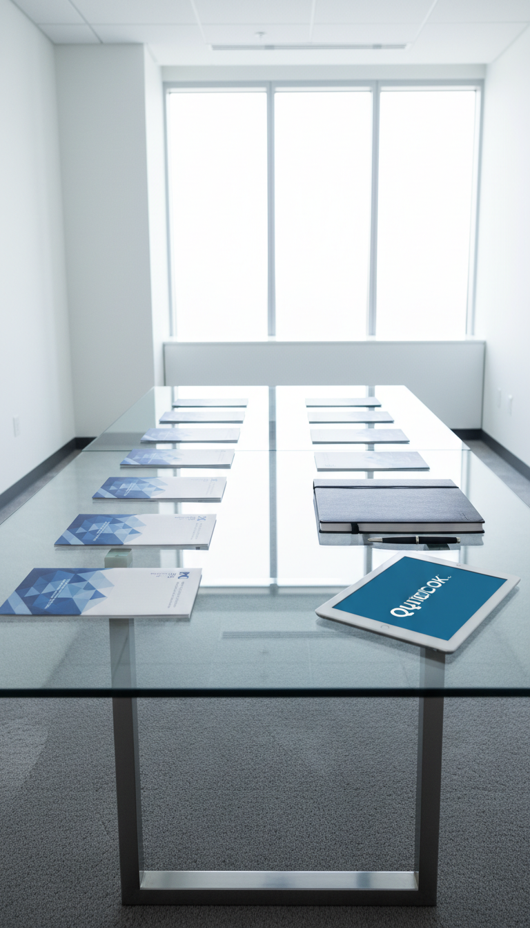 A sleek, glass-topped conference table with a matte silver metal frame, perfectly aligned with a neat arrangement of branded documents, a premium graphite notebook, and an understated black pen. The table is set within a modern office suite with smooth white walls and soft gray carpeting, and there's a subtle QuickBooks logo visible on a digital tablet at the table's edge. Cool daylight pours through large floor-to-ceiling windows, producing soft highlights on the glass and crisp, clean shadows. The mood is organized and professional, conveying trust and transparency. The composition is balanced with the camera at an eye-level, wide lens angle, keeping the entire table in sharp focus. The image embraces photographic realism and a structured, corporate aesthetic—ideal for a business-focused marketing agency website homepage.